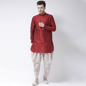 "DEVYAAN Men Off-White & Red Printed Dhoti "