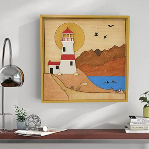 ImprovingLife Wall Art Decor Lighthouse on the Cliff Landscape Wood Sculpture 3D effect