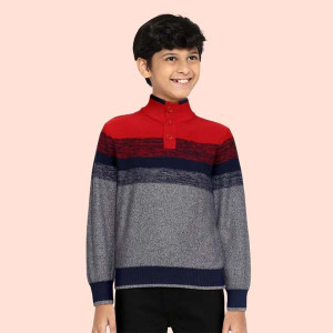 "Boys Red & Charcoal Grey Striped Pullover Sweater "